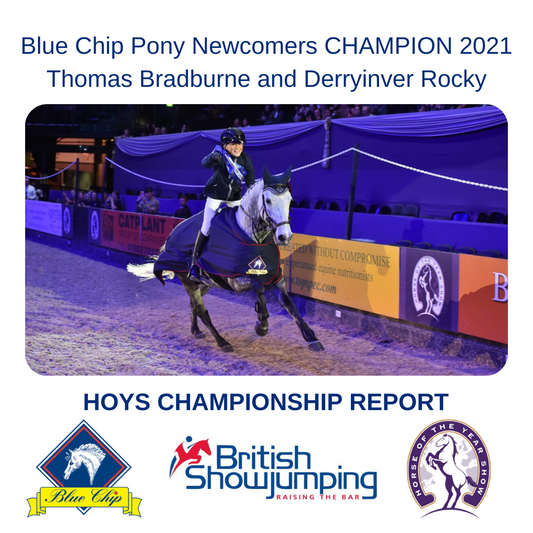 Thomas Bradburne and Derryinver Rocky CHAMPIONS of the Blue Chip Pony Newcomers at Horse of the Year Show